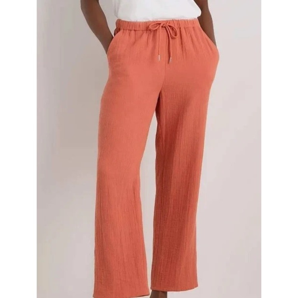 Quince Womens M Organic Cotton Gauze Straight Leg Pants Black NWT Drawstring